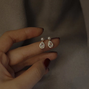 DAIIIBABYYY  -   Plated Pearl Stud Earrings Water Drop Shiny Zircon Morning Dew Earrings for Women Wedding Jewelry